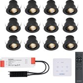 Set van 12 Medina - Mini LED Inbouwspot - 12V 3W - Zwart - Dimbaar - Kantelbaar & verzonken - Verandaverlichting - Incl. Muurdimmer - IP44 voor buiten - 2700K - Warm wit