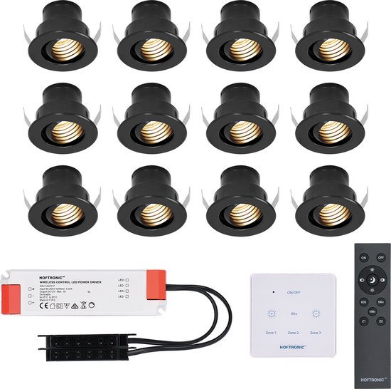 Set van 12 Medina - Mini LED Inbouwspot - 12V 3W - Zwart - Dimbaar - Kantelbaar & verzonken - Verandaverlichting - Incl. Muurdimmer - IP44 voor buiten - 2700K - Warm wit