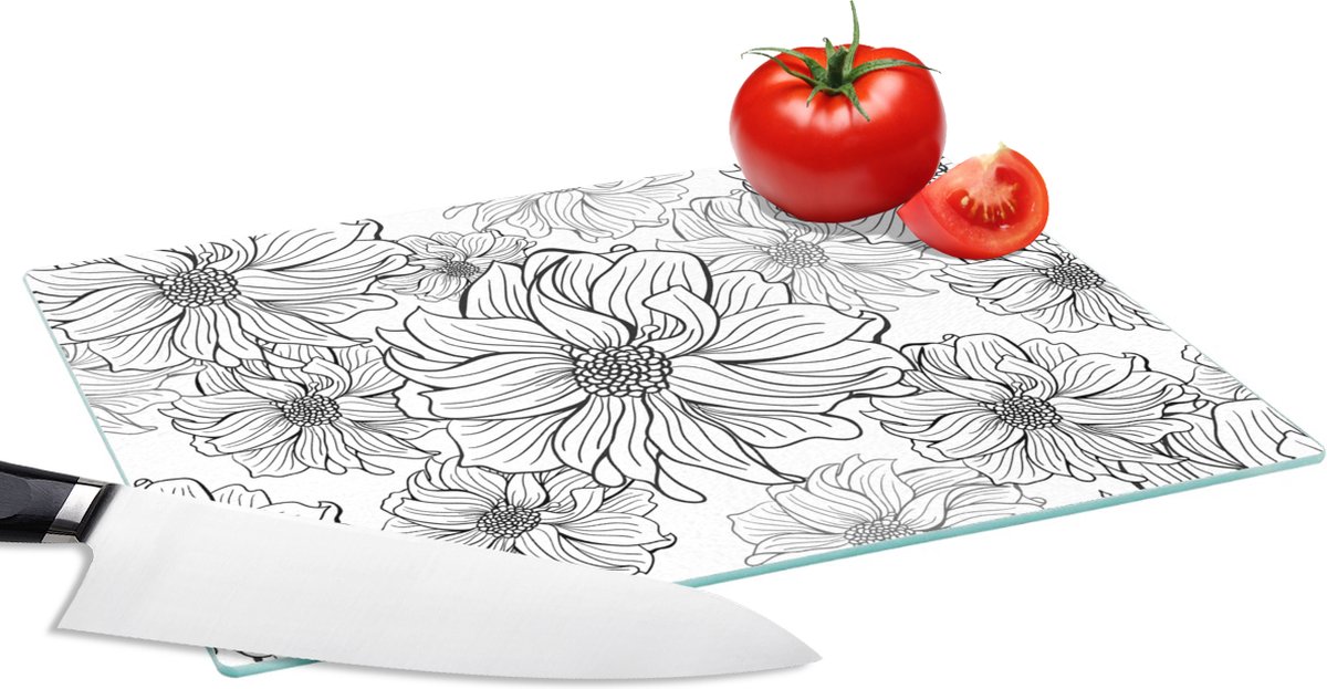 Glazen Snijplank - 28x20 - Bloemen - Zwart - Wit - Design - Snijplanken Glas