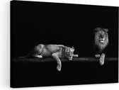 Artaza Canvas Schilderij Leeuw en Leeuwin in het Donker - Zwart Wit - 90x60 - Foto Op Canvas - Canvas Print - Muurdecoratie
