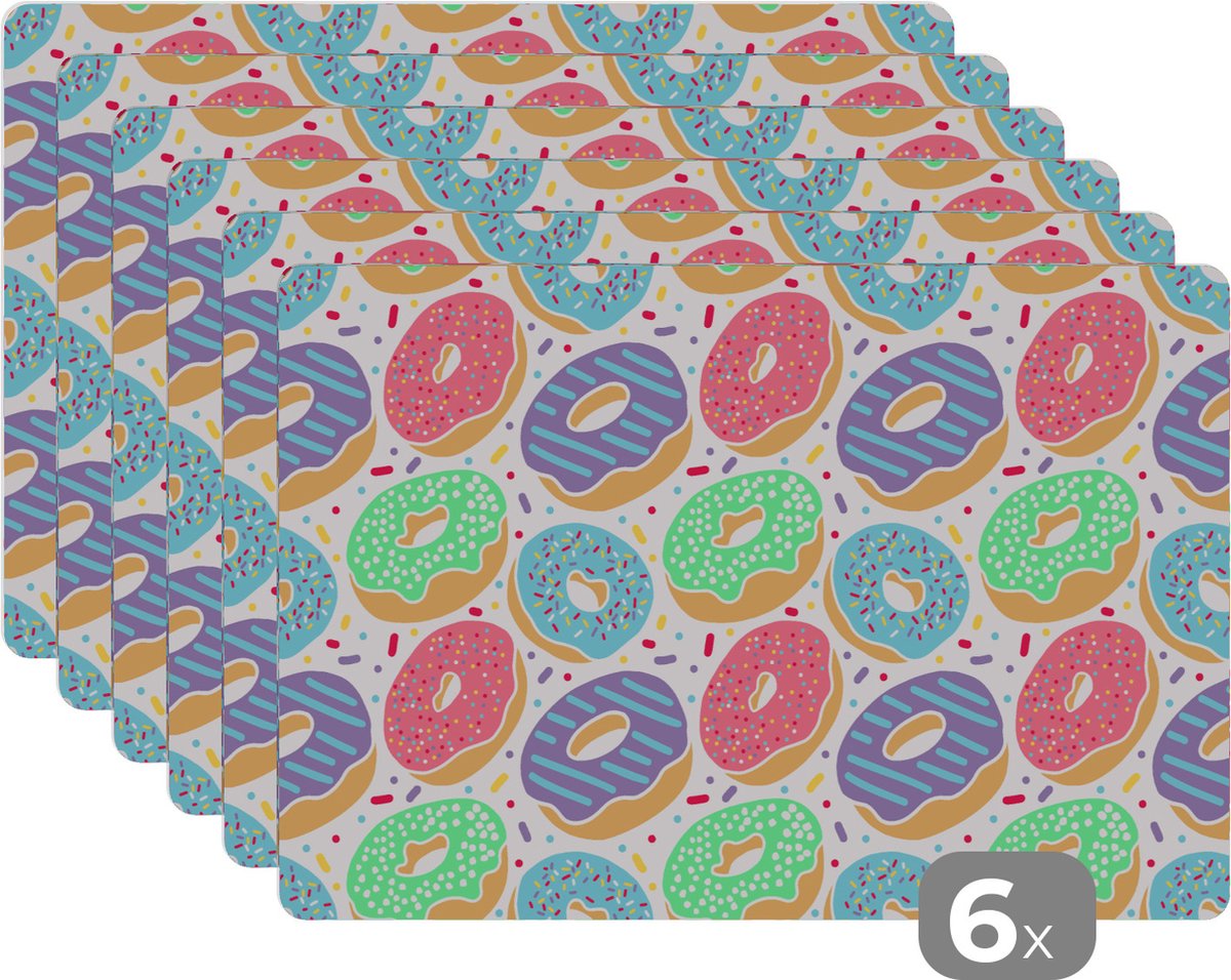 Placemat - Placemats kunststof - Donut - Patronen - Pastel - 45x30 cm - 6 stuks - Hittebestendig - Anti-Slip - Onderlegger - Afneembaar