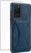 Samsung S22 Ultra Pasjes Houder Hoesje + Samsung S22 Ultra Screenprotector – Gehard Glas Cover - Portemonnee Hoesje met Kickstand - Magnetisch - Blauw