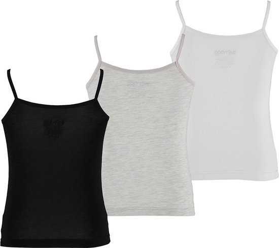 Apollo Meisjes Bamboe Singlet Hemden 3-Pack Zwart Grijs Wit Spaghettibandjes Onderhemd - Maat  134/140