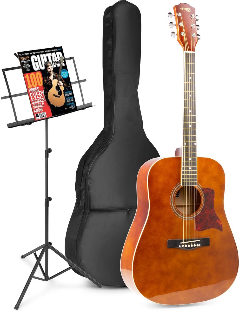 Akoestische gitaar voor beginners - MAX SoloJam Western gitaar - Incl. muziekstandaard, gitaar stemapparaat, gitaartas en 2x plectrum - Bruin (hout)
