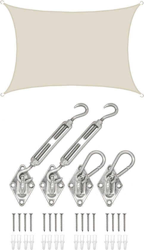 Beige rechthoekig schaduwdoek met 2 spanschroeven, 4 wandbeugels en 4 schroeven met pluggen.