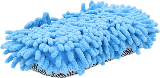 Blauwe spons met een gaas- en microvezeloppervlak.