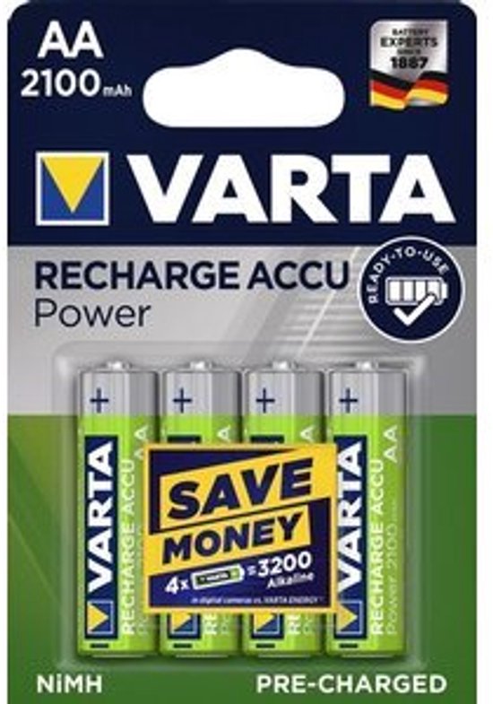 Emballage de piles Varta Recharge Accu AA, avec quatre piles AA, vert et doré.