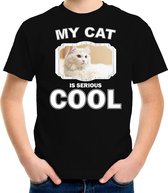 Witte kat katten / poezen t-shirt my cat is serious cool zwart voor kinderen L (146-152)