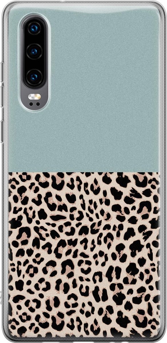 Huawei P30 hoesje - Luipaard mint - Soft Case Telefoonhoesje - Luipaardprint - Blauw
