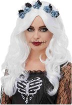 Luxe Day of the Dead dames pruik wit met bloemen - Halloween verkleed accessoires voor volwassenen
