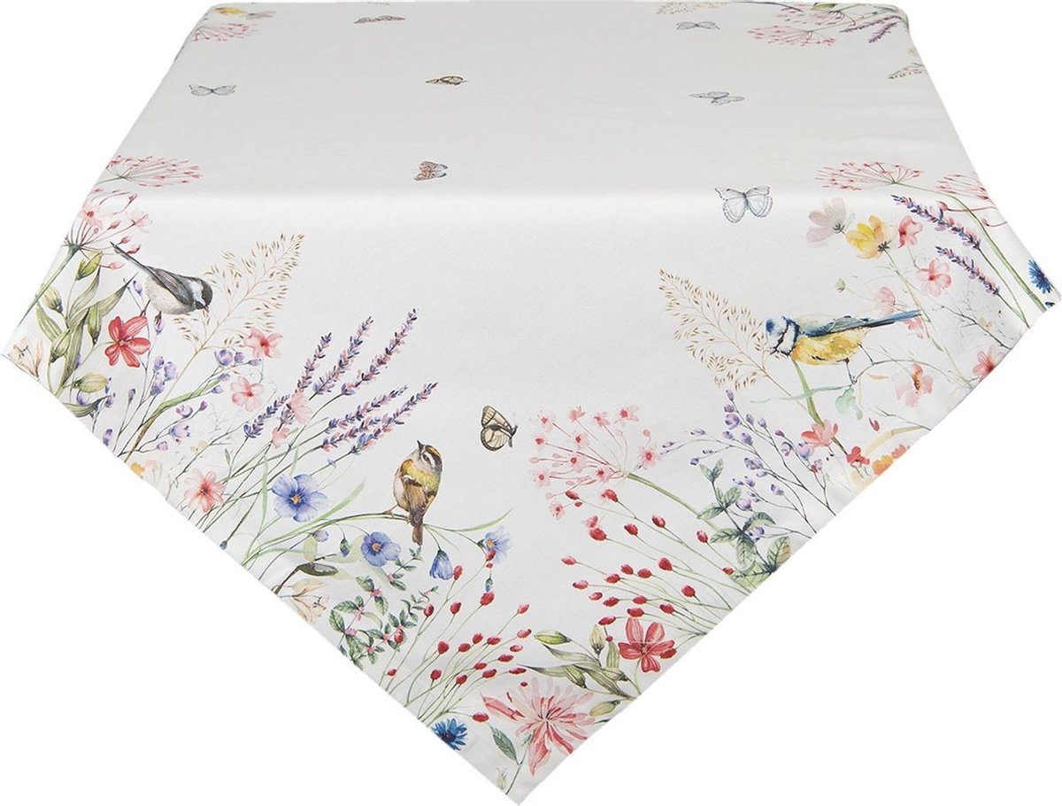 Clayre & Eef Tafelkleed 130x180 cm Wit Groen Katoen Rechthoek Bloemen Tafellaken