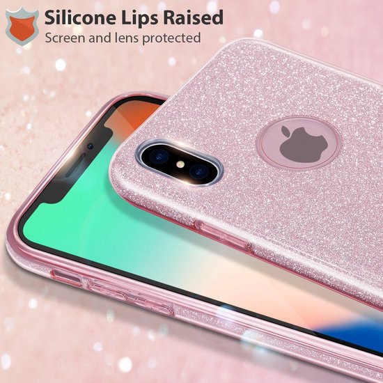 Roze glitter telefoonhoesje met verhoogde randen, getoond op een telefoon.