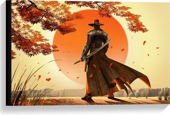 Canvas - Getekende Samurai bij Zonsondergang - Foto op Canvas Schilderij (Wanddecoratie op Canvas)