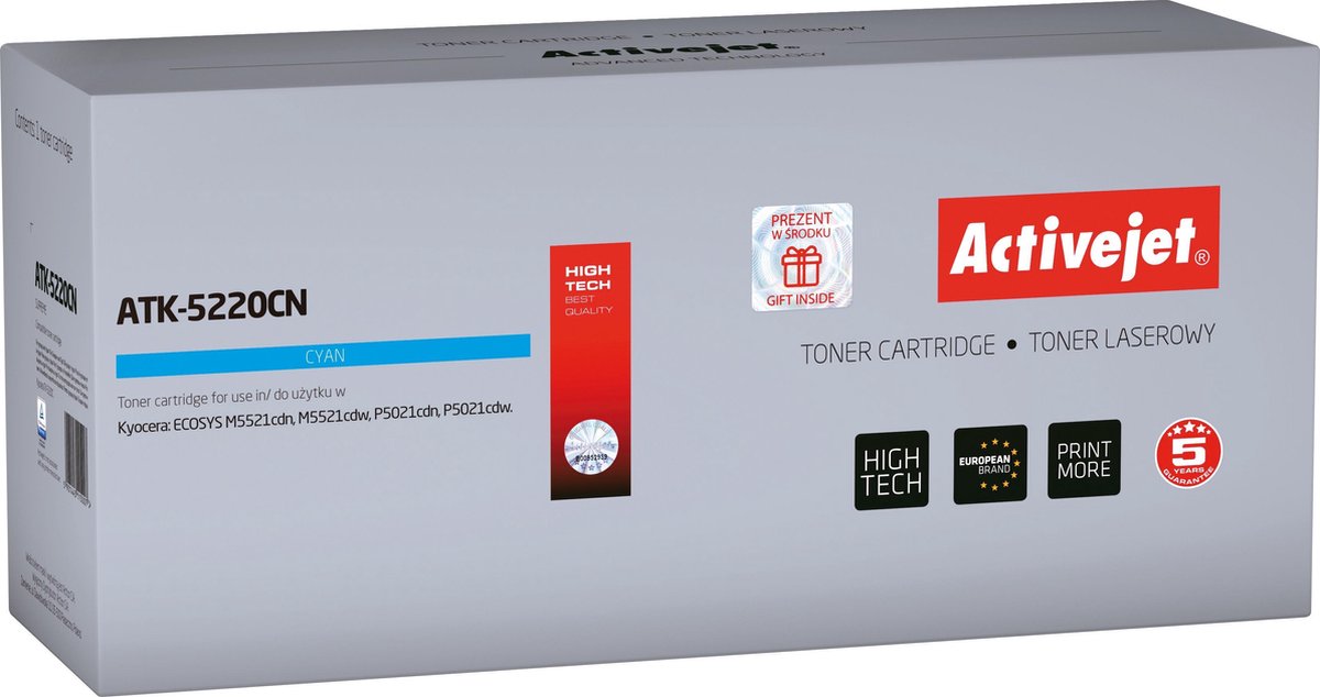 ActiveJet ATK-5220CN Toner voor Kyocera-printer; Kyocera TK-5220C vervanging; Opperste; 1200 pagina's; cyaan.