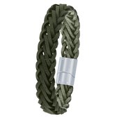 Lucardi Heren Armband gevlochten leer donker groen - Leer - Armband - Cadeau - Vaderdag - 21 cm - Zilverkleurig