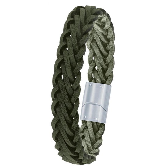Lucardi Heren Armband gevlochten leer donker groen - Leer - Armband - Cadeau - 21 cm - Zilverkleurig