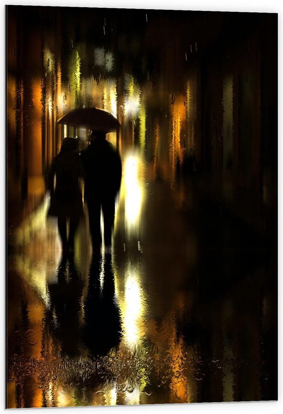 Dibond - Silhouet van Twee Mensen onder Paraplu - Foto op Aluminium (Wanddecoratie van metaal)