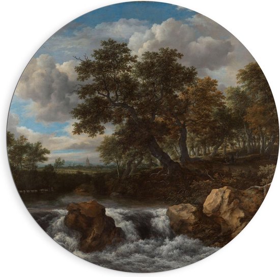 Dibond Wandcirkel - Oude Meesters - Landschap met waterval, Jacob Isaacksz van Ruisdael - 90x90cm Foto op Aluminium Wandcirkel (met ophangsysteem)