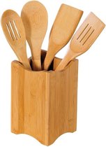 Ensemble de cuisine en bois 5 pièces en Bamboe FSC® | Ustensiles de cuisine en bois avec support carré | Spatule, louche, etc. | Faible. 11 x 11 x 18 Cm. (5 parties)