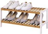 Bamboe Schoenenrek met 2 niveau's - Badkamerplank, schoenenkast of rek voor 8 paar schoenen - Wit / Bruin