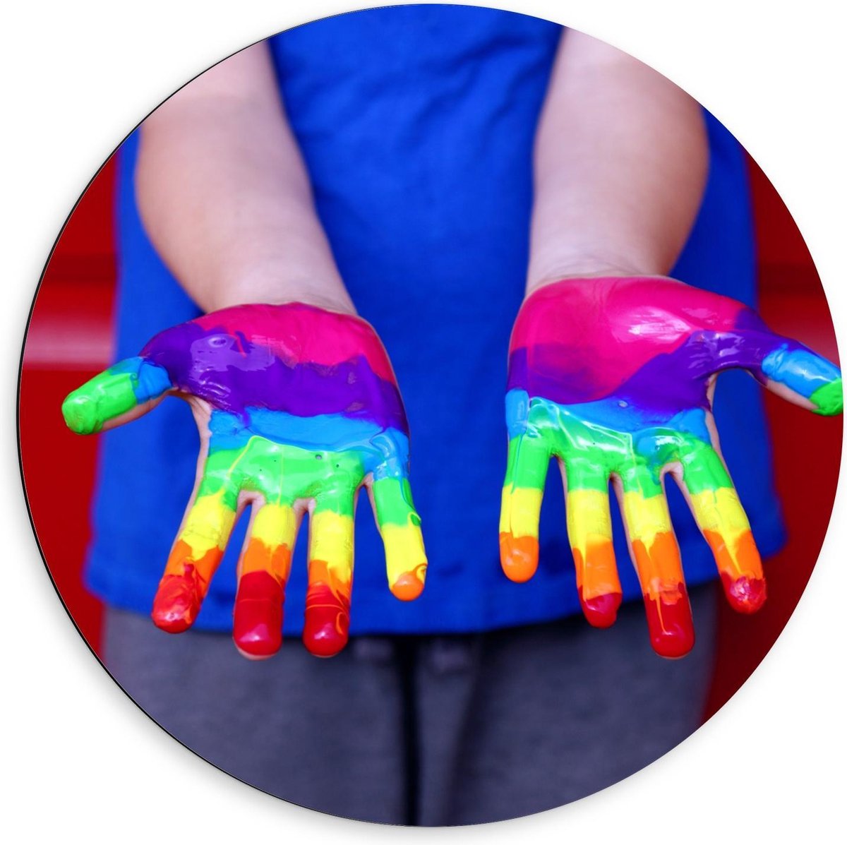Dibond Wandcirkel - Regenboog Handen door Verf - 60x60cm Foto op Aluminium Wandcirkel (met ophangsysteem)