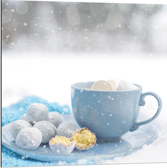 Dibond - Warme Chocolademelk met Marshmallows - 80x80cm Foto op Aluminium (Met Ophangsysteem)
