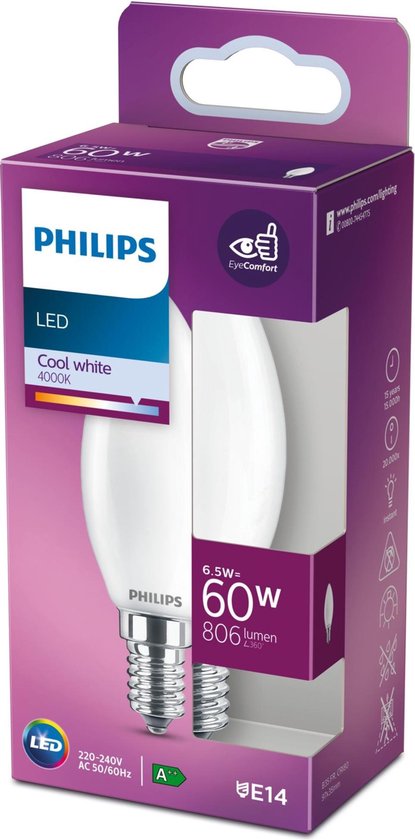 Philips LED lamp E14 Lichtbron - Koel wit - 6,5W = 60W - Ø 35 mm - 1 stuk