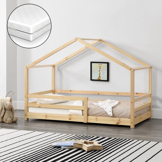 Lit d'enfant Knätten lit de maison en pin avec matelas 80x160 cm bois