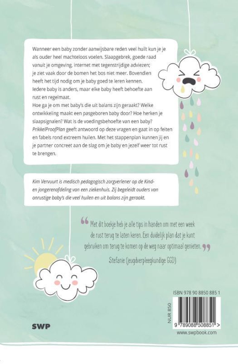 Achterkant boek 'Prikkelproof Plan'. Tekstblokken en illustraties van wolken.