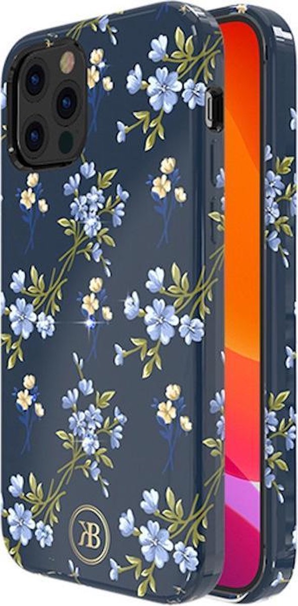 Kingxbar iPhone 12 Mini hoesje blauw bloemen - BackCover - anti bacterieel - Crystals from Swarovski