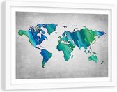 Foto in frame , Wereld in blauw groen , Wereldkaart , 120x80cm , wanddecoratie , Premium print