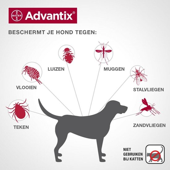 Advantix beschermt je hond tegen vlooien, teken, luizen, muggen, stalvliegen en zandvliegen. Niet gebruiken bij katten.