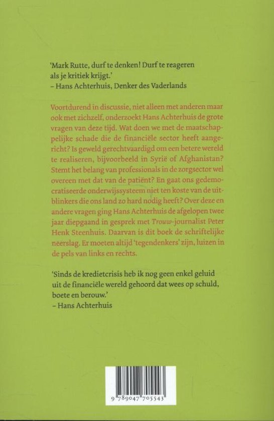 Achterkant van een boek met groene achtergrond en tekst. Streepjescode onderaan.