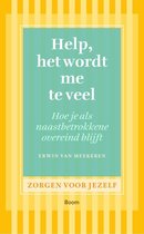 Boekomslag met de titel 'Help, het wordt me te veel' en de subtitel 'Hoe je als naastbetrokkene overeind blijft'. De titel staat in turquoise letters op een groen vlak, omringd door een witte lijst. De achtergrond heeft gele en oranje banen.