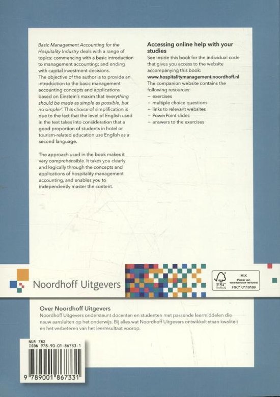Boekrug met informatie over 'Basic Management Accounting for the Hospitality Industry'. Linkerhelft witte tekst, rechterhelft donkerblauw. Onderaan: logo Noordhoff Uitgevers en een vierkant met kleurige vakjes.