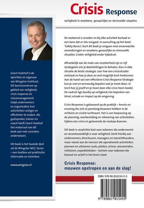 Boek 'Crisis Response' met Geert Hulshof, een foto van hem en tekst over het boek.