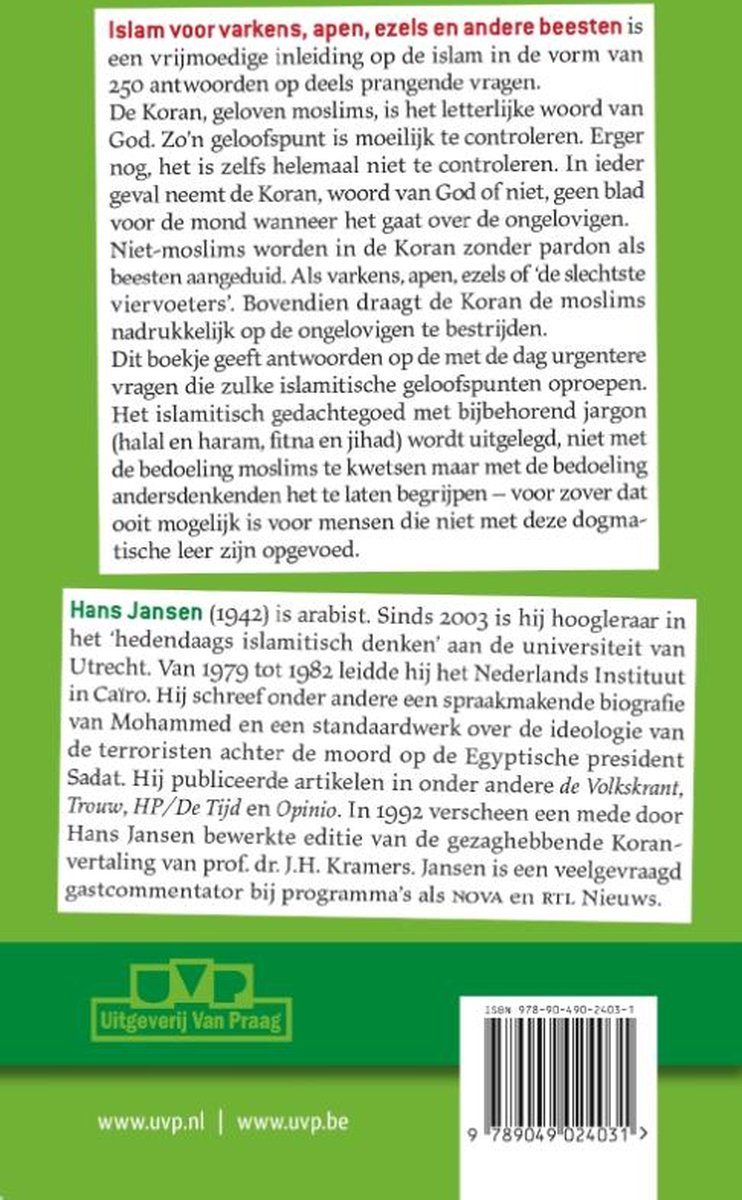 Achterkant boek met tekst over "Islam voor varkens, apen, ezels en andere beesten" door Hans Jansen.