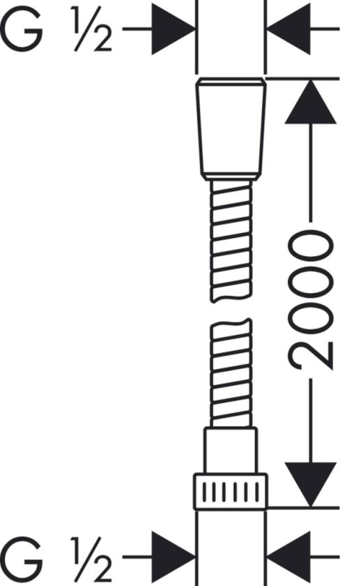 Technische tekening van doucheslang met afmetingen G 1/2 en 2000 mm.
