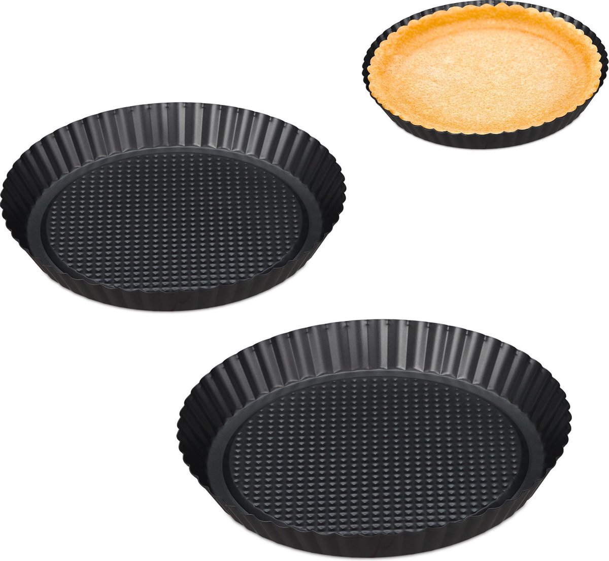 Relaxdays taartbodem quiche - 3 stuks - 21, 26 en 28 cm - bakvorm taart antiaanbaklaag