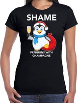 Pinguin Kerst shirt / Kerst t-shirt Shame penguins with champagne zwart voor dames - Kerstkleding / Christmas outfit XL