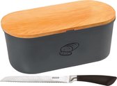 Boîte à pain grise avec couvercle de planche à découper en bambou et couteau à pain 18 x 34 x 14 cm - Plateau de rangement du pain avec couteau dentelé - Planches à Planches à découper