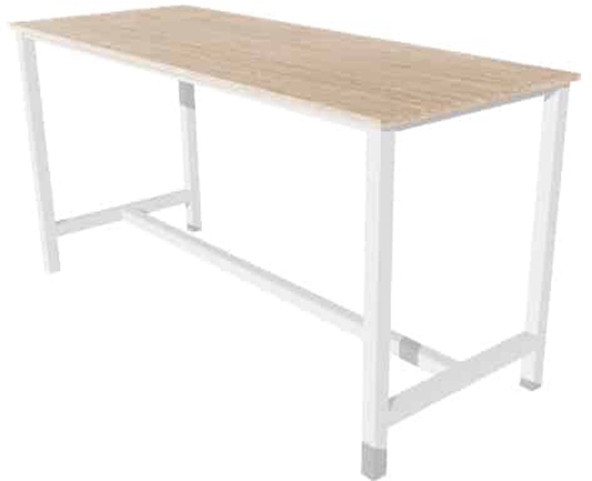 Domino Basic statafel, 200 x 100 cm., vaste hoogte 110 cm., uitgevoerd met versterkt H-onderstel met 50/50 mm. vierkante buispoten met steldoppen, onderstel staal zwart RAL 9011, blad 25 mm. melamine lindberg eiken