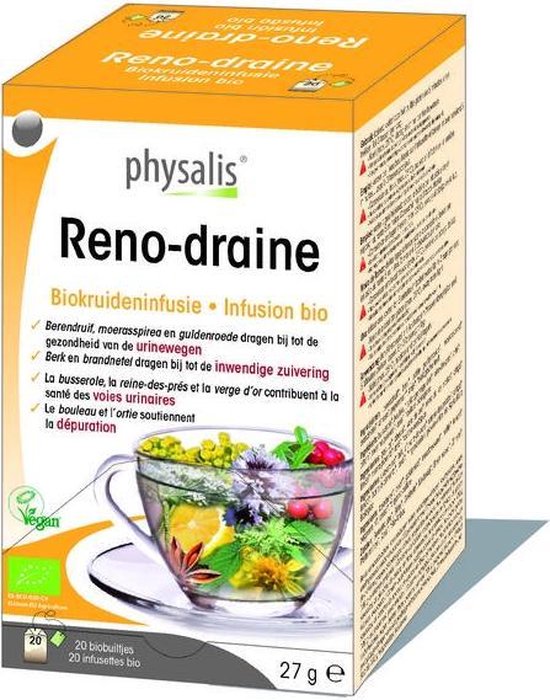 Doosje Physalis Reno-draine bio kruideninfusie met een kopje vol met kruiden, fruit en bloemen.