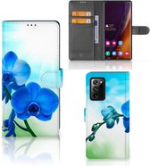 Telefoonhoesje Geschikt voor Samsung Galaxy Note20 Ultra Wallet Book Case met foto Orchidee Blauw Valentijn Cadeautje Vrouw