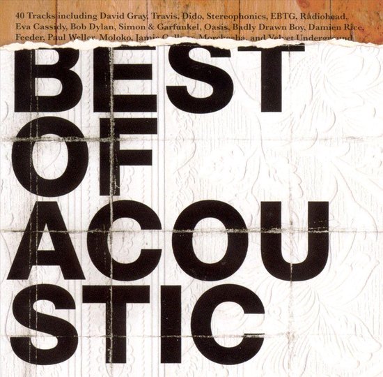 Albumhoes met de tekst "BEST OF ACOUSTIC" in grote zwarte letters. Boven de tekst staat een lijst met artiesten.