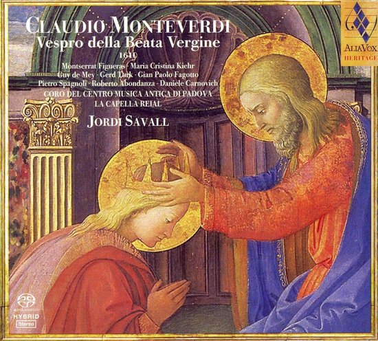 Cd-hoes van Monteverdi's Vespro met een klassiek schilderij van de kroning van Maria door Christus.