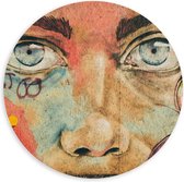Forex Wandcirkel - Muurschildering Kleurrijke Vrouw met Blauwe Ogen - 100x100cm Foto op Wandcirkel (met ophangsysteem)