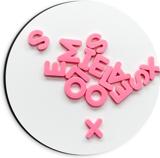 Dibond Wandcirkel - Roze Letterfiguren - 20x20cm Foto op Aluminium Wandcirkel (met ophangsysteem)