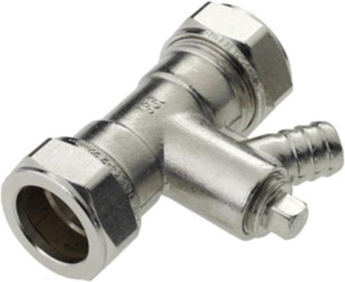 Bonfix knelkoppeling - Rechte koppeling met aftapgelegenheid - 22mm x 22mm - Vertint Messing