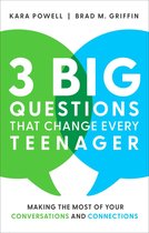 Boekomslag met tekst '3 Big Questions That Change Every Teenager' en 'Kara Powell | Brad M. Griffin'. Twee spreekballonnen, groen en blauw, overlappen elkaar.